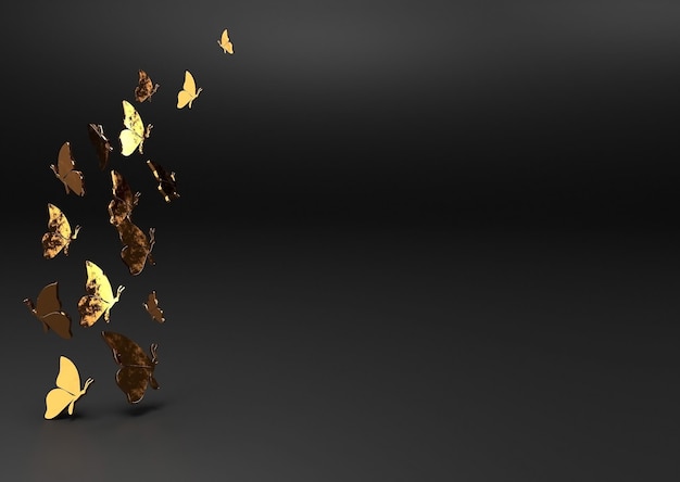 A group of bronze butterflies space copy 3d illustration