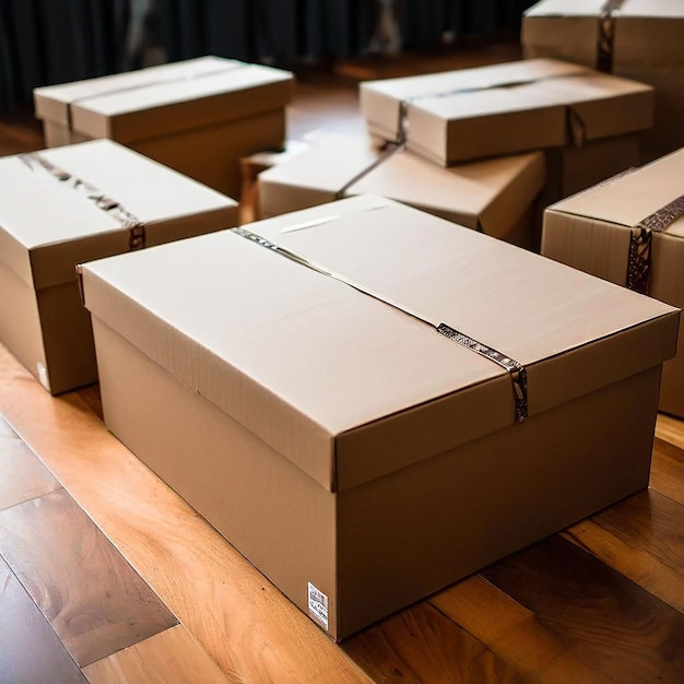 Group of brown carton boxes on wooden floor