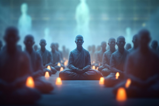 a group of buddha statues sitting in a circle