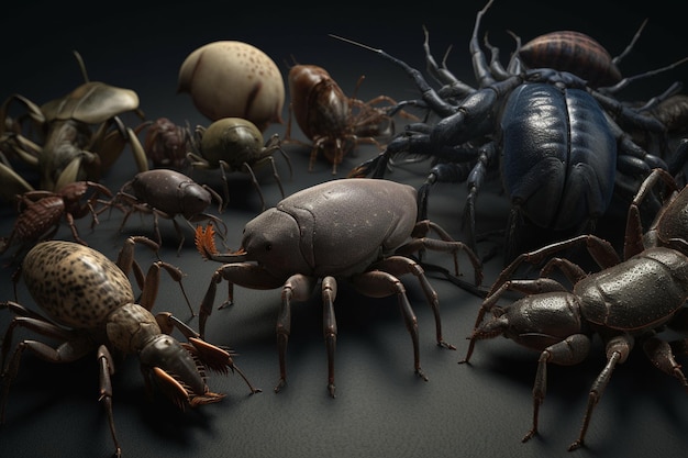 A group of bugs are on a table.