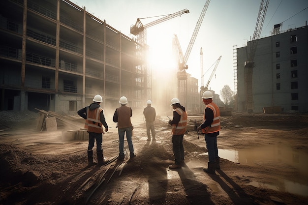 Group of builders working at construction site by taking pictures from the back with Generative AI