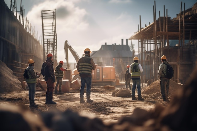 Group of builders working at construction site by taking pictures from the back with Generative AI