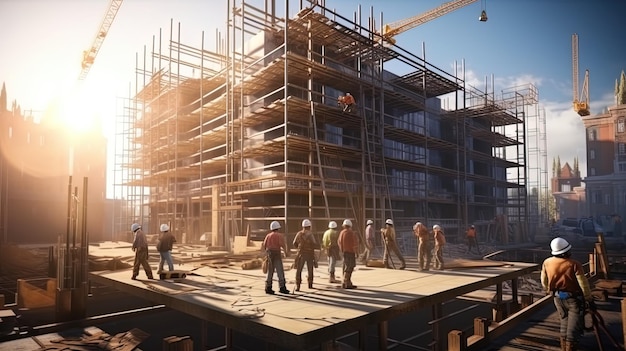 A group of builders works on the construction site of a new residential complex