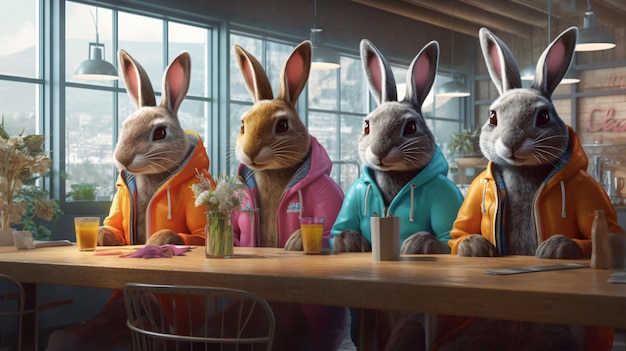 A group of bunnies wearing hoodies sit at a table in front of a window.