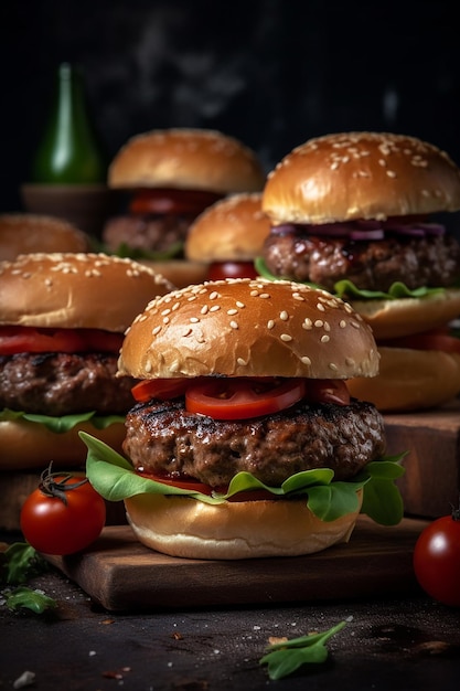 A group of burgers with tomatoes on them