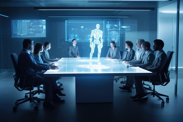 Group of business executives seated at a sleek with a humanoid robot standing at the head of the table Generative AI