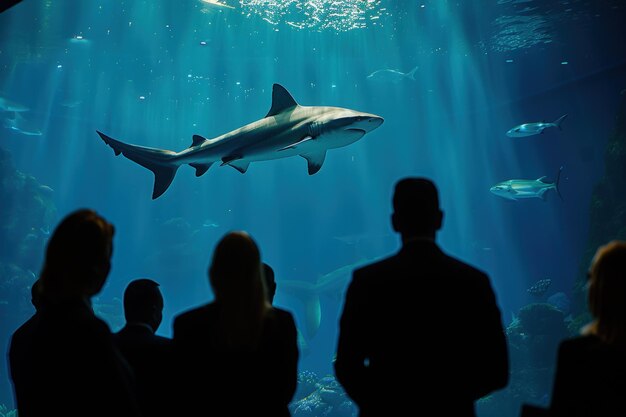 Photo a group of business executives watches a majestic shark glide through the turquoise waters immersed in a moment of awe during their corporate retreat