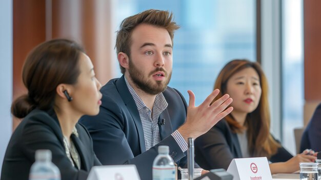 Group of business leaders participate in roundtable discussion at modern conference venue Men are seated around long table listening intently as one of them speaks