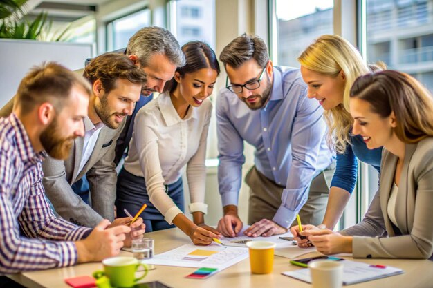 Group of business partners discussing ideas and planning work in office