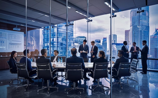 a group of business people are in a meeting in front of a large glass wall