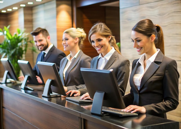 Photo a group of business people are sitting in front of computers