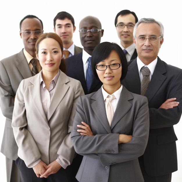 A group of business people are standing in a row, one of them is wearing a blue tie.