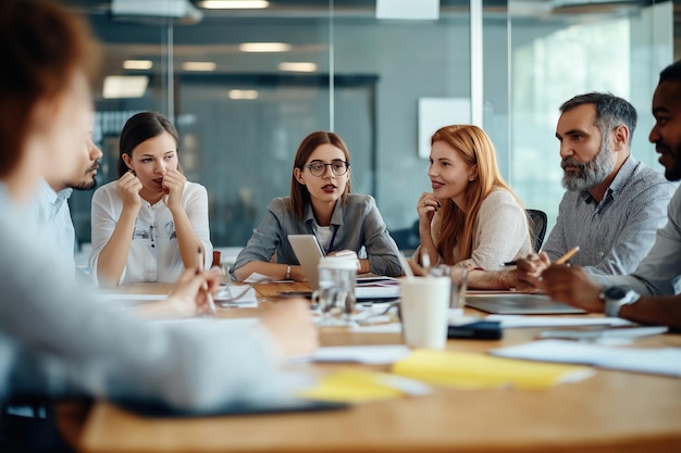 Photo group of business people in corporate meeting discussion around table papers documents on table