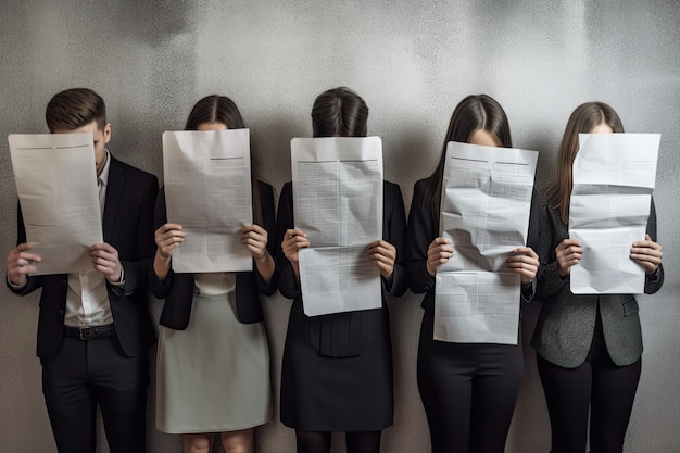 Group of business people holding paper sheets in front of their faces Young people hiding their faces behind resume paper AI Generated