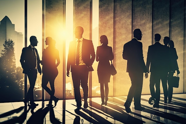 Group of Business People Inside Window of Business Office With Sun Rays in Backlit Concept