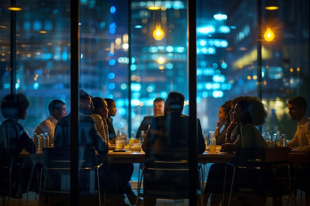 Group of business people in a meeting at night in a modern office with AI generated