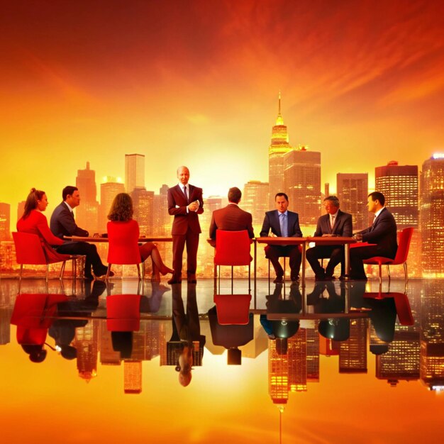 Photo a group of business people sit in a meeting with a city skyline in the background