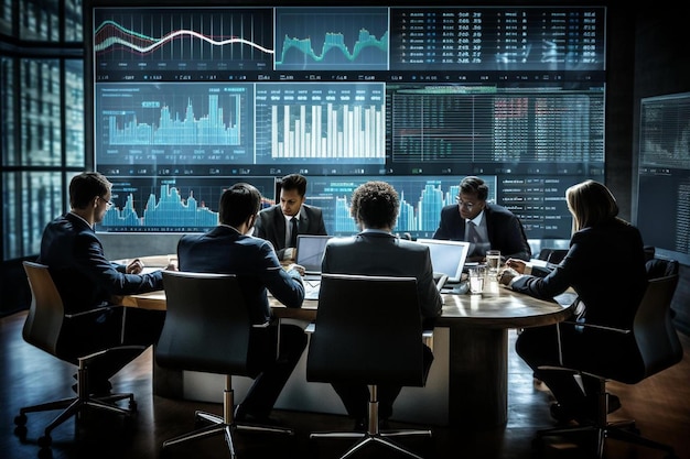 A group of business people sit at a table in front of a computer screen with a background of charts and graphs.