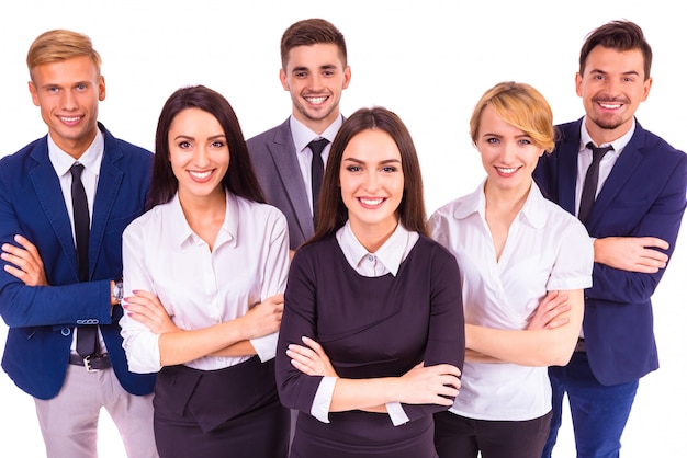 A group of business people smiling