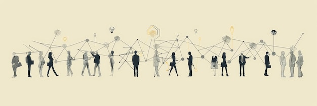 A group of business people stand connected by lines representing ideas and innovation symboliz