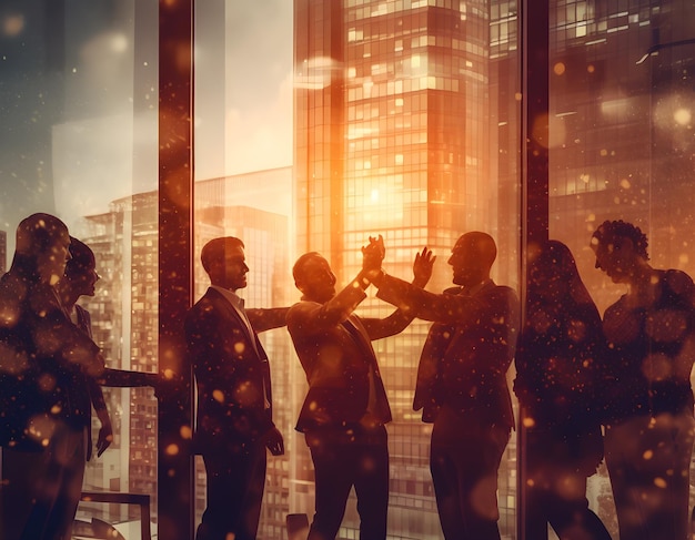 a group of business people standing in front of a window