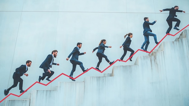 Photo a group of business people walking up a red arrow chart