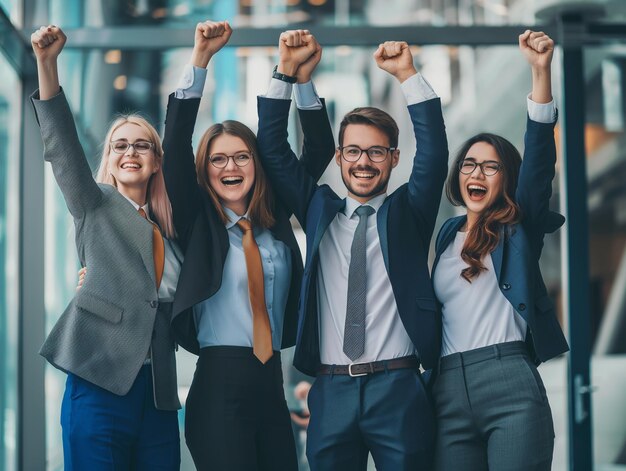 a group of business people with arms up in the air