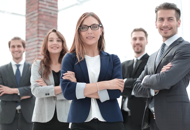 Group of business people with businessman leader on foreground