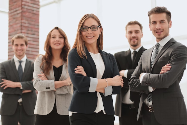 Group of business people with businessman leader on foreground