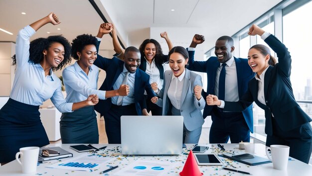 Photo a group of business people with the word  happy  on the screen