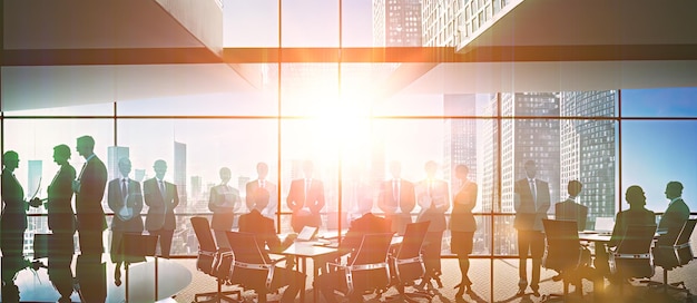 Group of business people working and communicating while sitting at office desk together with colleagues Group of Business People Meeting Back Lit Generative AI