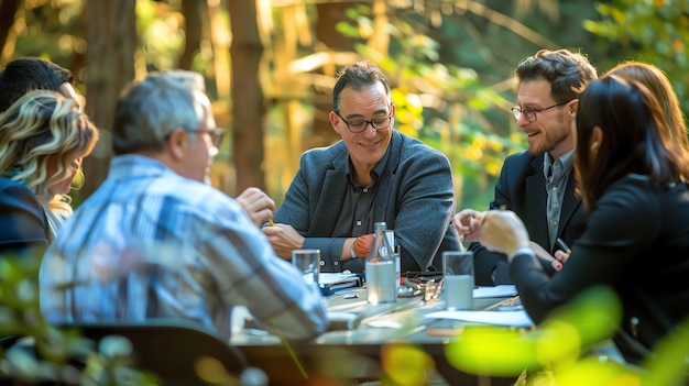 Photo a group of business professionals are having a meeting in a forest