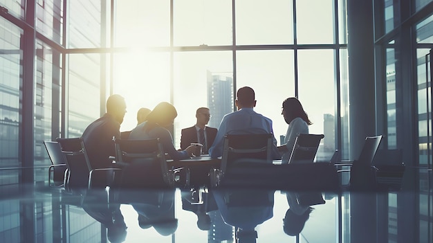 A group of business professionals are sitting around a conference table having a meeting