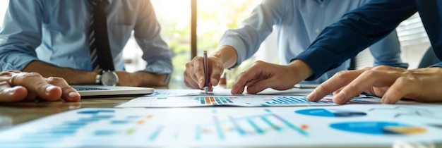 Group of business professionals collaborating on documents with graphs and charts during a meeting