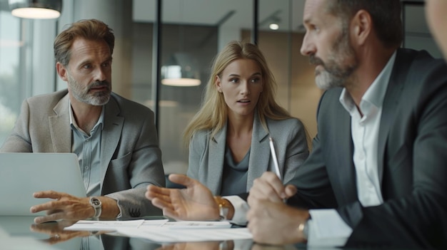 group of business professionals engaged in a serious discussion around a glass table in a modern office setting