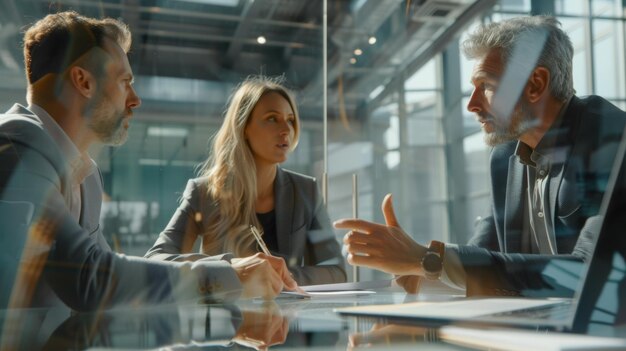 group of business professionals engaged in a serious discussion around a glass table in a modern office setting