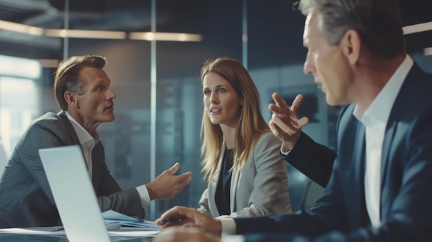 Photo group of business professionals engaged in a serious discussion around a glass table in a modern office setting