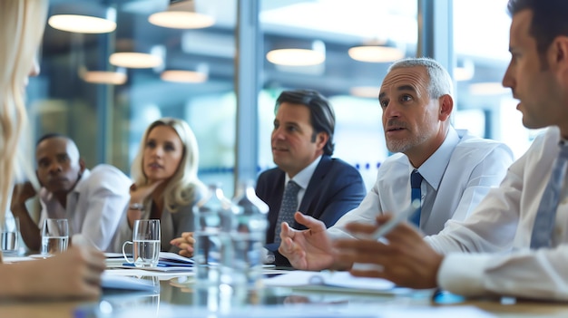 Photo a group of business professionals sit around a conference table listening to a colleague present ideas