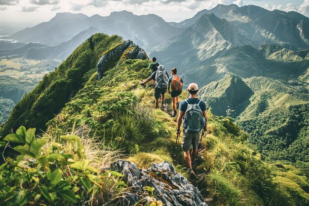 A group of business professionals trekking through lush forest trails bonding over teambuilding exer