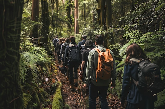 A group of business professionals trekking through lush forest trails bonding over teambuilding exer