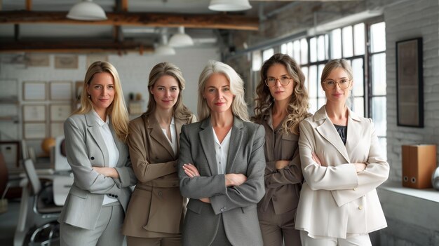 Photo group of business women diversity in office teamwork and group empowerment for office leadership inclusion and team building empowerment happy women for support goals and job success