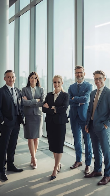 Photo group of businessmen and businesswoman standing in an office with a large window