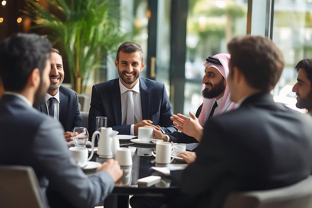 a group of businessmen dressed in black and gray suits and ties sit at a black table in a restaurant they are engaged in conversation with one man smiling while holding a white