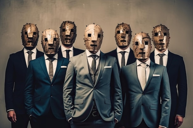 A group of businessmen in suits wearing wooden masks instead of faces is a surreal and unsettling image that can represent the anonymity and conformity of corporate culture Generative AI