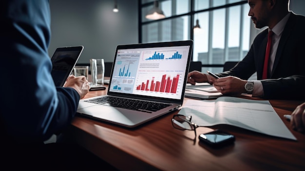 Group of businesspeople are engaged in a business meeting with analytics and laptop at the office desk