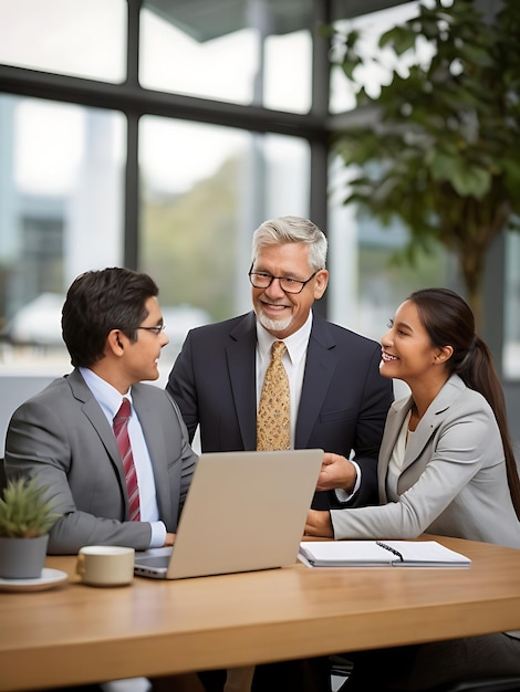 A group of businesspeople are sitting at a table with a laptop and a man in a suit