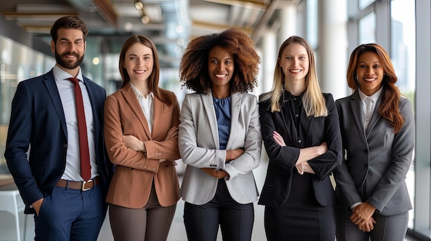 A group of businesspeople standing closely together in an office setting showcasing teamwork