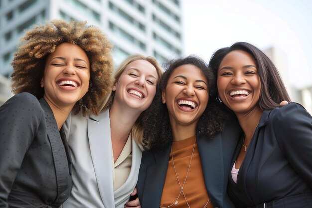 A group of businesswomen laughing together outside the office