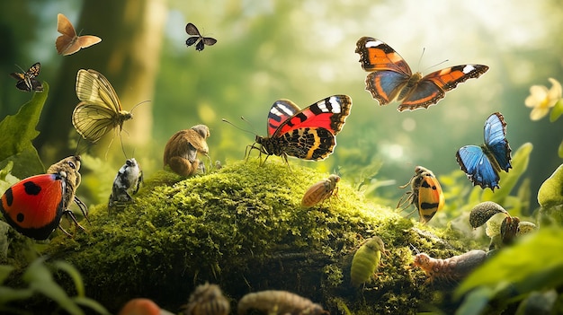 Photo a group of butterflies are on a moss covered log