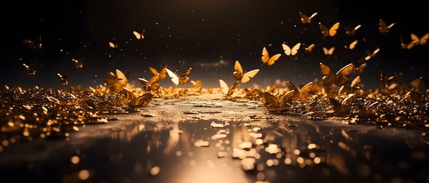 A group of butterflies fly in the air on a dark background.